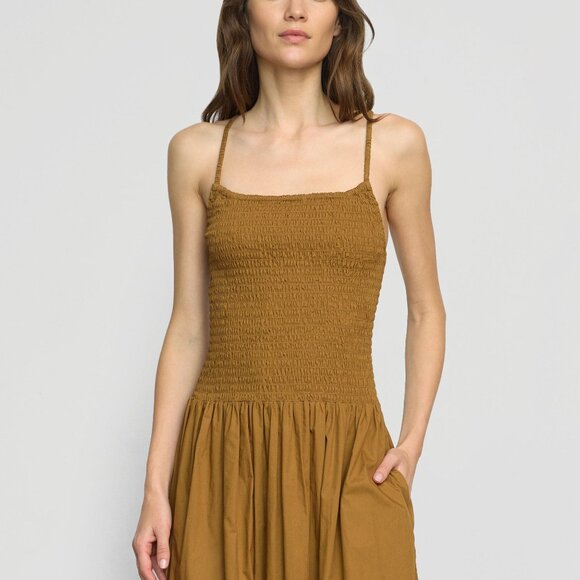 Modern Citizen Venus Smocked Organic Cotton Midi Dress Size XLLight Ochre / XL - Picture 3 of 3